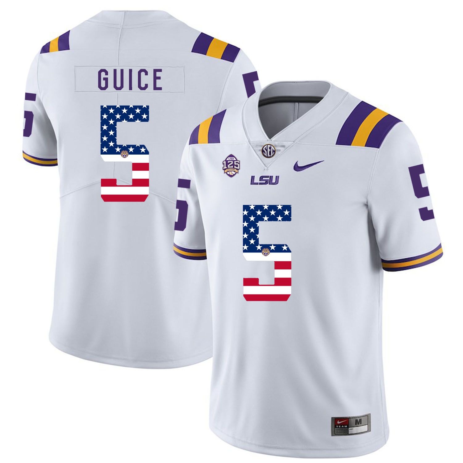 Men LSU Tigers #5 Guice White Flag Customized NCAA Jerseys